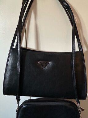 Faux Prada Black Leather Double-Strap Shoulder Bag